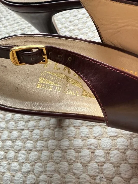 Salvatore Ferragamo | Vintage Burgundy Brown Slingback Heels - Picture 6 of 13